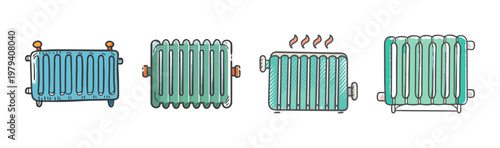 Vintage cast iron radiator set, hand drawn heating system icons, retro teal metal heater collection, 4 vector elements for home interior design