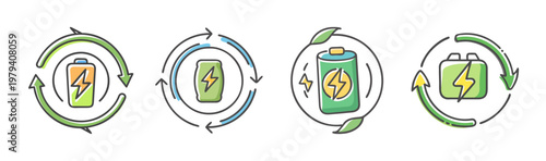 Sustainable battery recycling icons set, renewable energy storage symbols with green arrows, eco friendly power charging vector illustrations