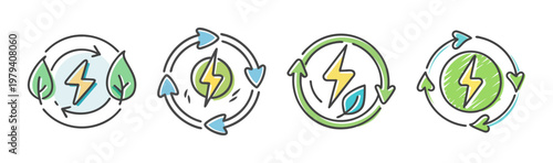 Renewable energy icons set, sustainable green power symbols with lightning bolts and leaves, 4 eco-friendly circular vector elements for clean electricity