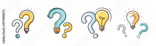 Hand drawn question mark and light bulb icons, creative problem solving concept vector, brainstorming and innovation symbols in doodle style