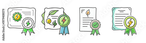 Green energy certificate icons set, renewable electricity diploma with seals and ribbons, sustainable power accreditation documents in line art style