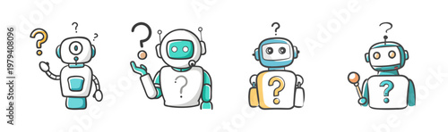 Confused robot character set with question marks, cute AI bot mascot collection in hand drawn doodle style, 4 vector robot icons for help desk