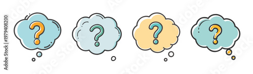 Hand drawn question mark icons in thought bubbles, set of 4 colorful doodle speech clouds, vector illustration for faq and problem solving
