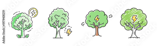 Eco friendly green energy tree icons, sustainable renewable power source vector set, hand drawn nature electricity symbols for environment conservation