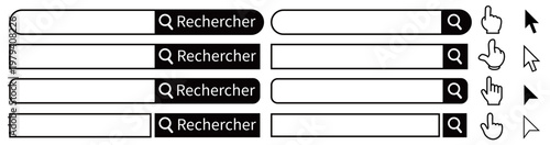 Barre de recherche avec bouton « Rechercher », curseur et icône de main pointant (design UI simple pour site web et application)