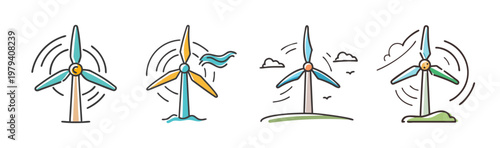 Hand-drawn wind turbine icons set, sustainable green energy concept vector, 4 renewable wind power generator illustrations in doodle style