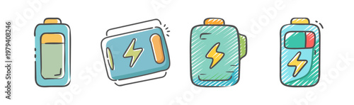 Hand drawn battery icon set with lightning bolt symbols, colorful doodle power level indicators, 4 vector energy storage elements for UI design