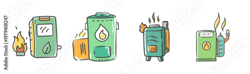 Eco-friendly natural gas boiler icons, green heating system equipment set, sustainable energy furnace and water heater vector illustrations