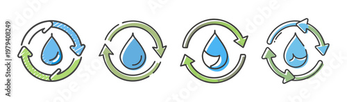 Water recycling icons set, blue water drop with green circular arrows, sustainable resource management symbols, eco friendly liquid reuse vector