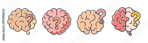 Human brain icons with question marks, mental health and psychology vector set, 4 brain illustrations for cognitive research and memory loss