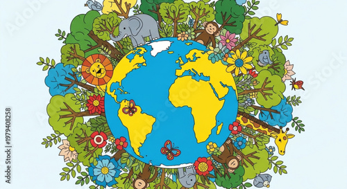 Vibrant earth globe surrounded by lush greenery colorful flowers and diverse wildlife in a celebratory atmosphere