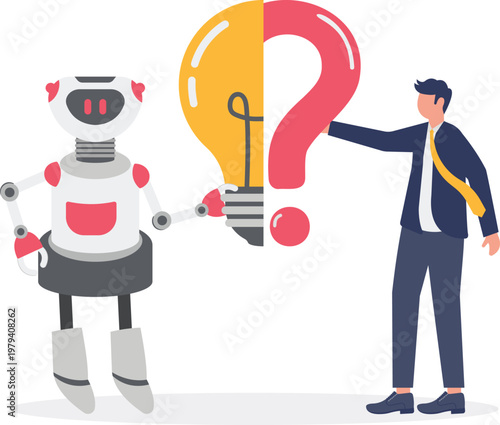 Professional and robot holding an idea bulb and question mark