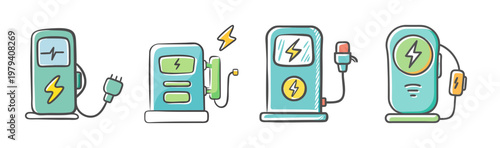 Electric vehicle charging station icons, set of 4 hand-drawn doodle EV chargers, renewable energy power points in teal and green colors