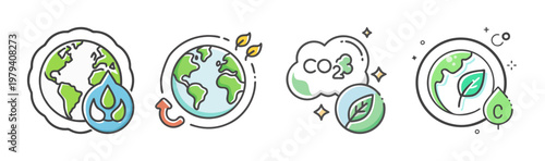 Eco friendly environment icons set, sustainable earth and carbon footprint vector elements, green nature conservation and climate change graphics