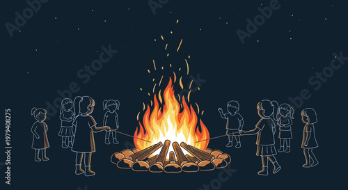 Vector campfire gathering, people around fire, night scene, social meeting, outdoor activity