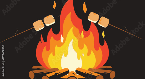 Camping Fire, Roasted Marshmallows, Vector Illustration, Outdoor Cooking