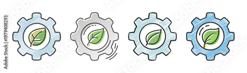 Green technology gear icons with eco leaf, sustainable industrial engineering symbols, set of 4 environmental mechanical cogwheel vectors