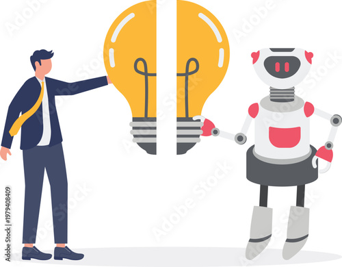 Professional and robot holding two halves of an idea bulb