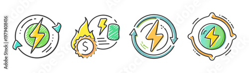Renewable energy icons set, sustainable power and electricity symbols, green energy efficiency vector illustrations for ecology and business
