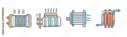 Industrial heat exchanger vector icons, mechanical radiator and cooling system set, thermal energy equipment illustrations, HVAC engineering components