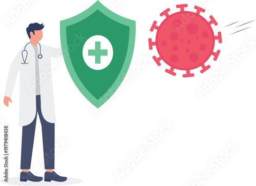 Doctor protecting from a virus with a giant shield