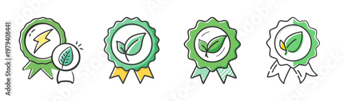 Eco friendly green energy badges set, organic leaf certification labels in doodle style, sustainable product quality seals with lightning bolt icon