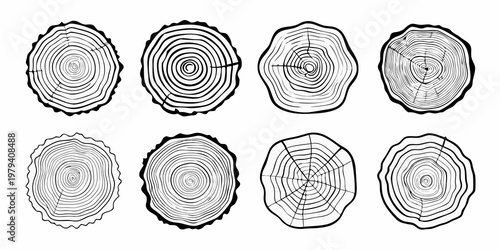 Eight black and white illustrations of tree stump cross sections