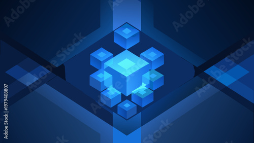 Abstract geometric composition featuring glowing blue cubes and a dark background
