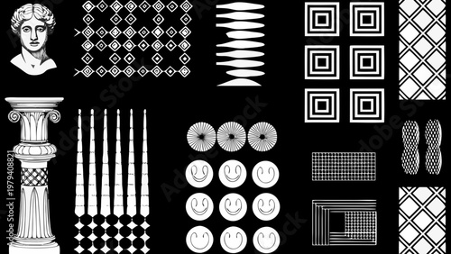 Black and white collage of classical architectural elements and a bust