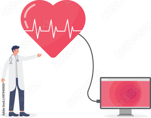 Doctor checking a giant human heart on a digital monitor