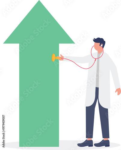 Doctor checking a giant upward green arrow with a stethoscope