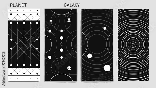 Four abstract black and white patterns resembling planetary or galactic designs