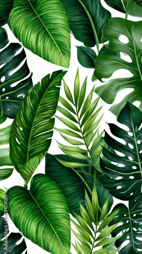 Green tropical leaves creating seamless jungle pattern
