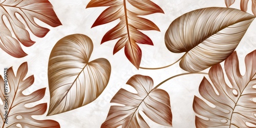 Tropical golden monstera leaves botanical drawing pattern