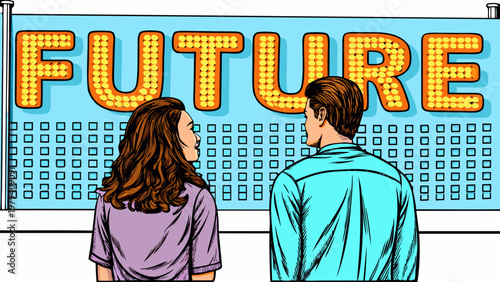 Couple gazing at a large illuminated future sign in a pop art style