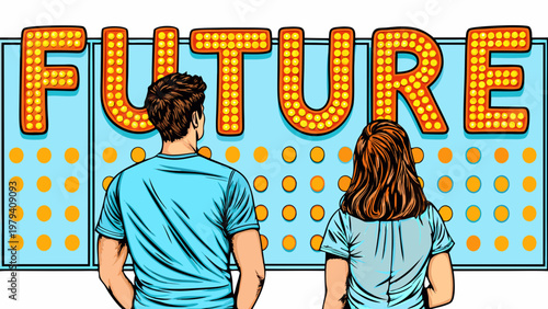 Couple gazing at a brightly lit future sign in pop art style