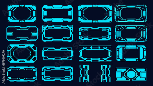 Collection of futuristic glowing blue frames and interface elements