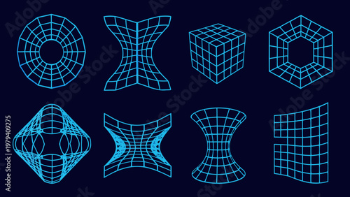 Neon blue geometric wireframe shapes on a dark background