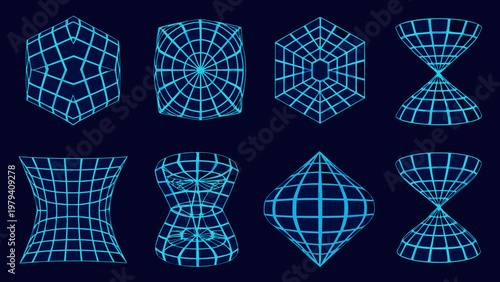 Abstract geometric shapes in blue wireframe against a dark background