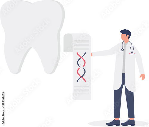 Doctor holding a DNA report next to a giant human tooth