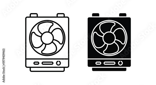 Two variations of a portable fan one white and one black silhouette