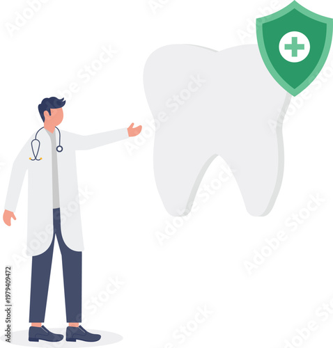 Doctor pointing at a tooth protected by a medical shield