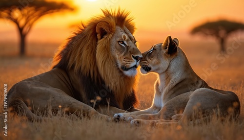 Two lions rest on dry grass during sunset savanna. Male lion has big mane. Female lion touches nose to male. Acacias in background. Warm golden hour light.