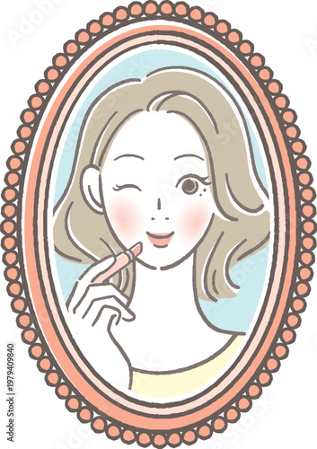 鏡に映るリップを塗る女性