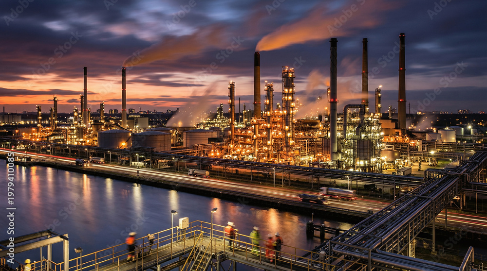 Fototapeta premium Industrial Oil Refinery at Dusk with Smoke and River