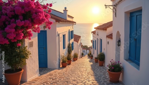 Cobblestone alleyway in Mediterranean village descends to sea. White houses with blue shutters line the path. Pink bougainvillea blooms on left side. Warm sunset casts long shadows.