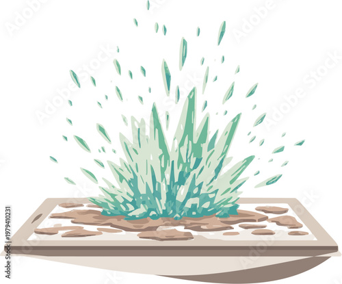 A stylized flat vector burst of light from a crystal tablet emits a soft cyan glow and radiating white lines, creating a minimalist 2D design with no shadows or textures