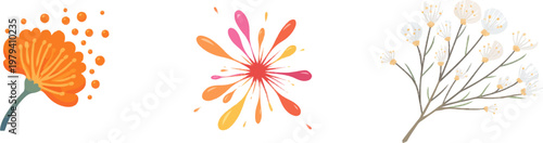 A stylized flat vector illustration of a magic flower bursts with vibrant orange crystal spores against a muted pink and tan background, featuring clean organic shapes and minimalistic design elements