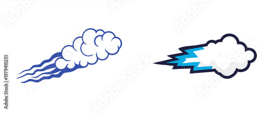 A stylized flat vector illustration of a minimalist 2D design featuring a blue blast of air or wind with solid white and light blue colors, clean swoosh lines, and no shadows, conveying a sense of