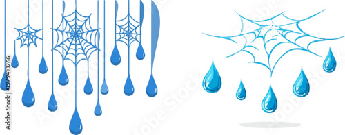 A minimalist 2D illustration of spiderwebs with morning mist droplets hanging from them, rendered in light blue and silver colors, featuring clean geometric lines and a serene nature art design